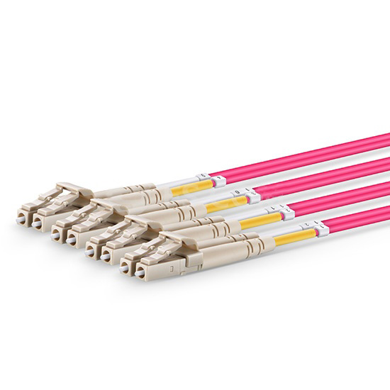 MTP Female to 4 LC UPC Duplex 8 Fibers OM4 (OM3) 50/125 Multimode Breakout Cable, Type B, Elite, Plenum (OFNP), Magenta